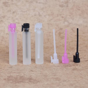 Fancy 1ml & 2ml mini frosted glass perfume sample test vials glass test tube bottles with plastic sticks