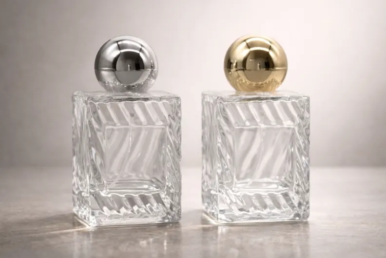 thick heavy bottom base of a 50ml square glass perfume bottle, representing minimalist quiet luxury trend
