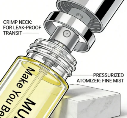 Close-up of perfume bottle with atomizer and crimp neck.