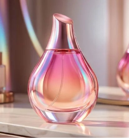 Iridescent abstract droplet perfume bottle.