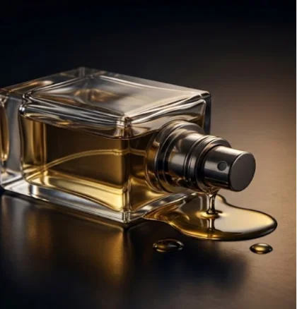 Leaking square glass perfume bottle.