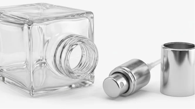 Perfume bottle neck and metal crimp pump.