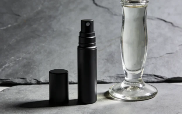 A small black atomiser bottle and cap on a slate surface.