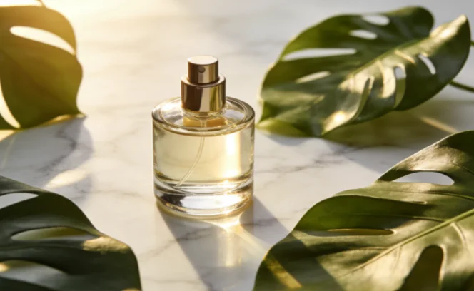 A small glass perfume bottle on marble with monstera leaves.