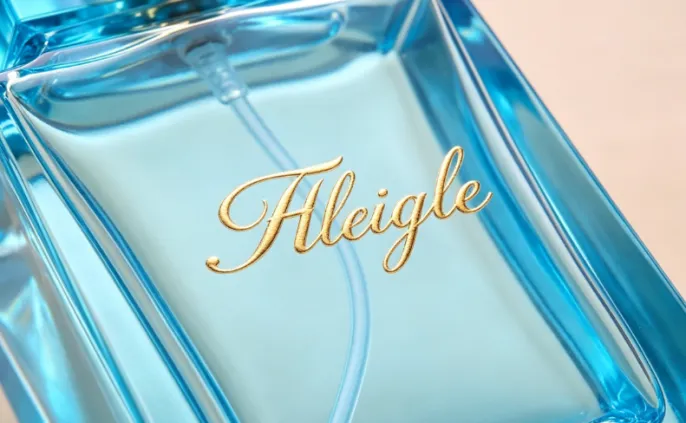 Close-up of a blue perfume bottle with raised gold script reading Fleigle.