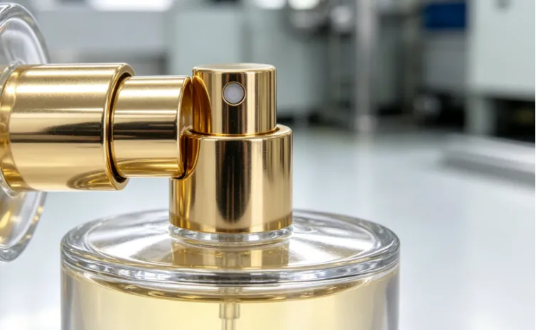 Close-up of a gold spray nozzle on a glass perfume bottle.