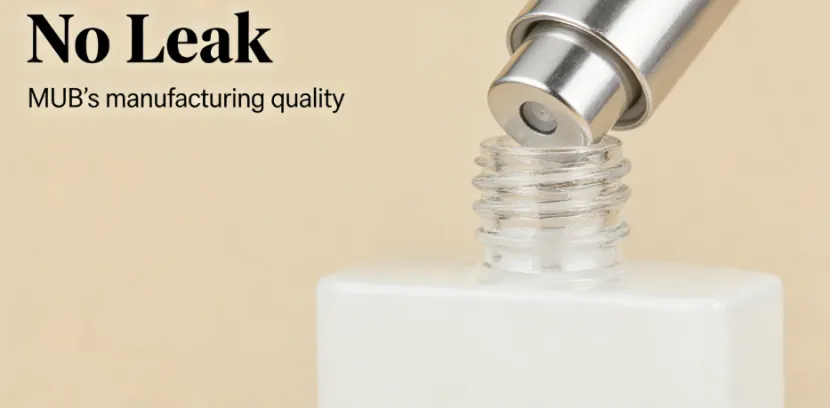 Close-up of a perfume spray nozzle and bottle neck with No Leak text.