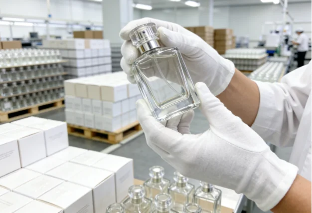 Gloved hands inspect a perfume bottle.