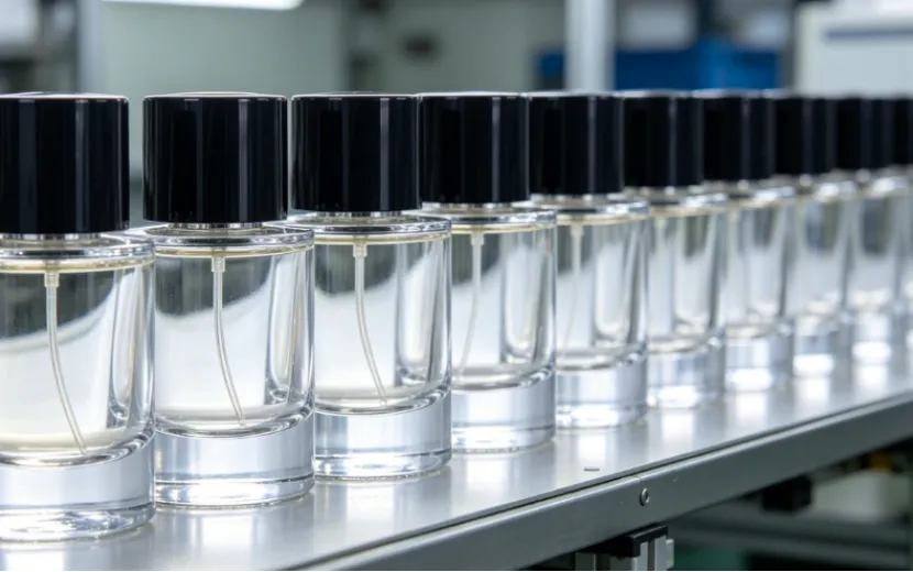 Row of clear perfume bottles with black caps on a production line.