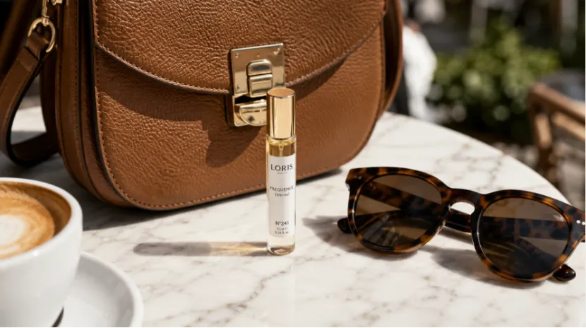 10ml travel size perfume bottle on a marble cafe table