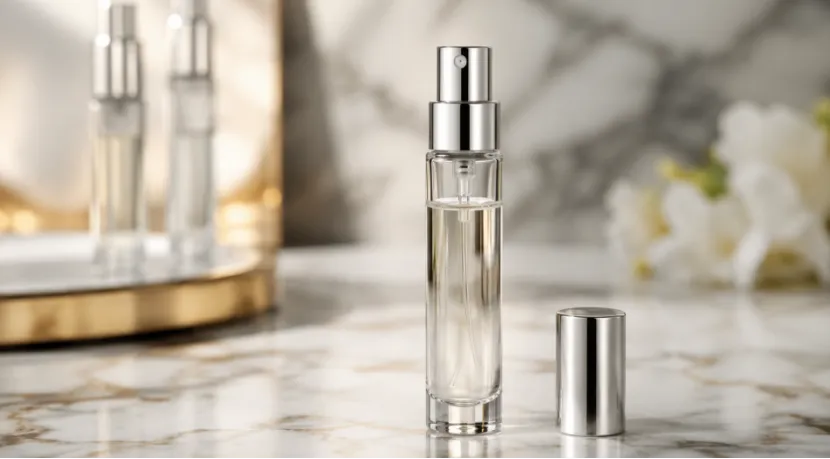 Clear glass 10ml perfume sample spray bottle on marble surface