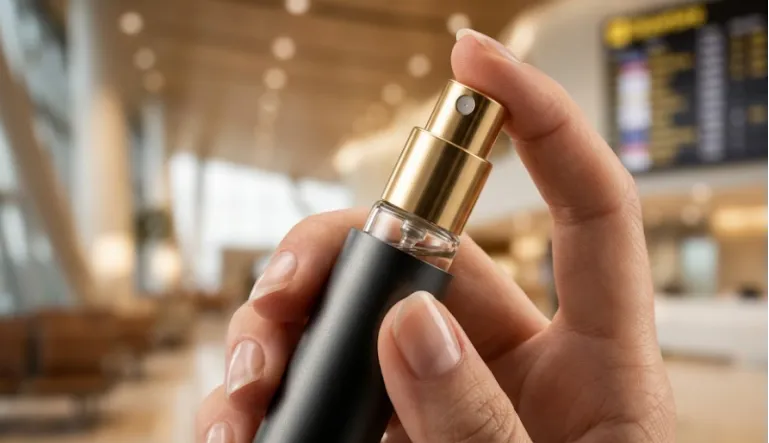Hand holding a twist-up travel perfume atomizer.