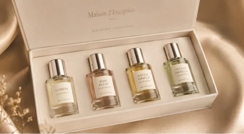 Luxury fragrance discovery set with four mini perfume bottles