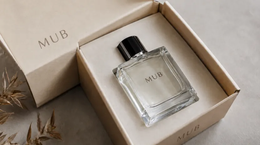 MUB glass perfume bottle in a custom protective box
