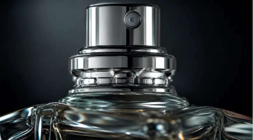 Macro close-up of a silver perfume bottle crimp sprayer