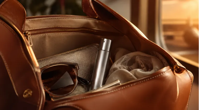 Metallic travel perfume atomizer inside an open leather handbag
