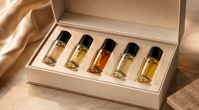 Premium perfume discovery set with five glass sample bottles