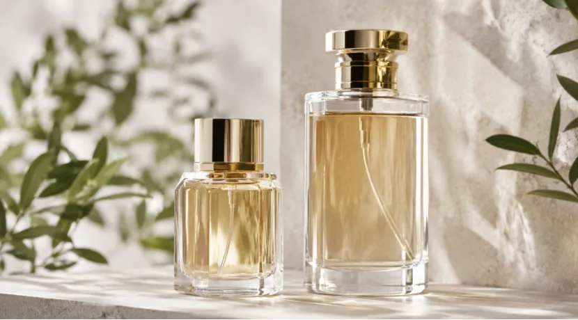 Premium refillable glass perfume bottle next to a larger refill container