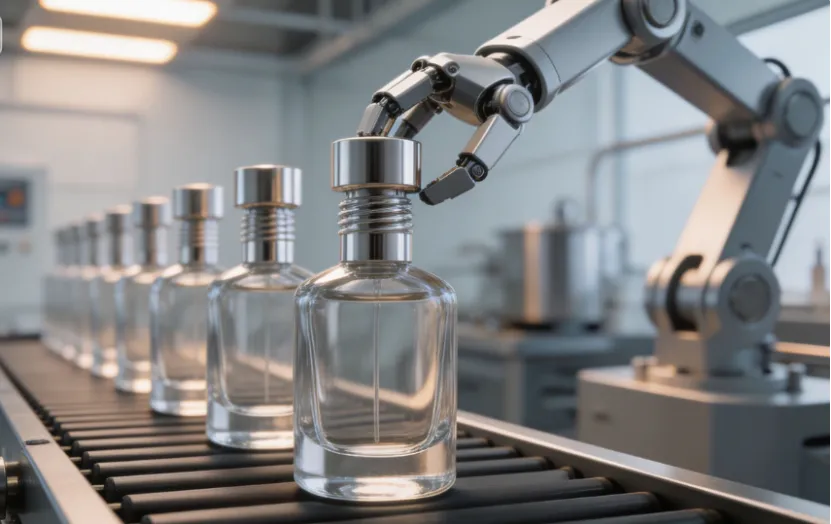 Robotic arm capping glass perfume bottles on a factory assembly line