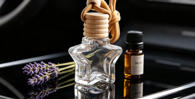 Star-shaped car diffuser bottle with lavender and essential oil.
