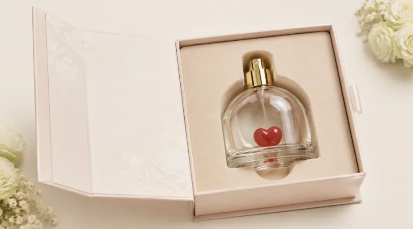 Custom perfume gift box with inner tray holding a clear bottle with red heart