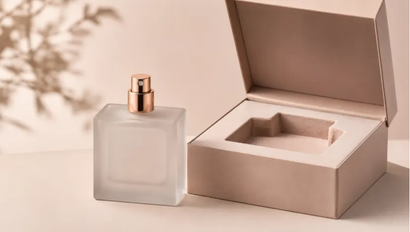 Minimalist frosted glass perfume bottle next to an open custom perfume gift box