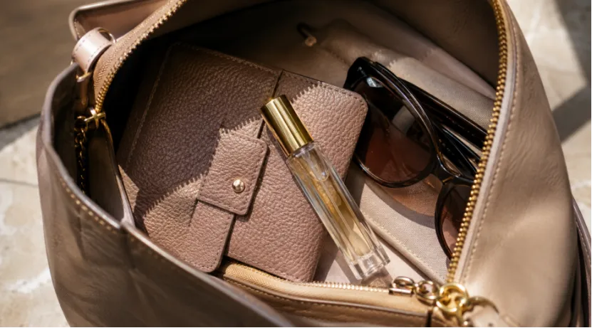 Travel size perfume bottle inside a handbag