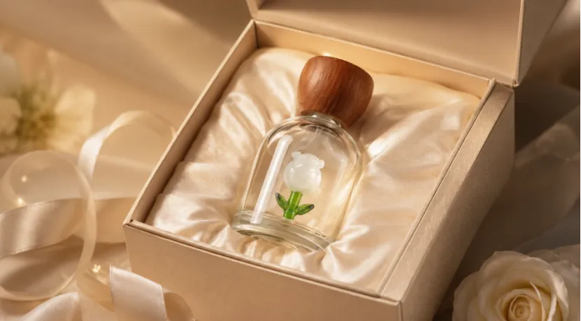 White rose perfume bottle with a wooden cap inside a luxury gift box