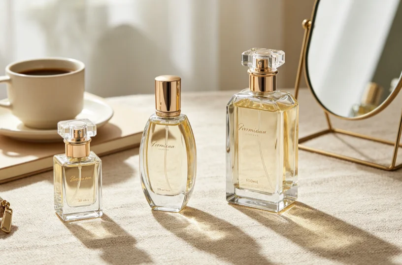 3 sizes of perfume bottles on vanity