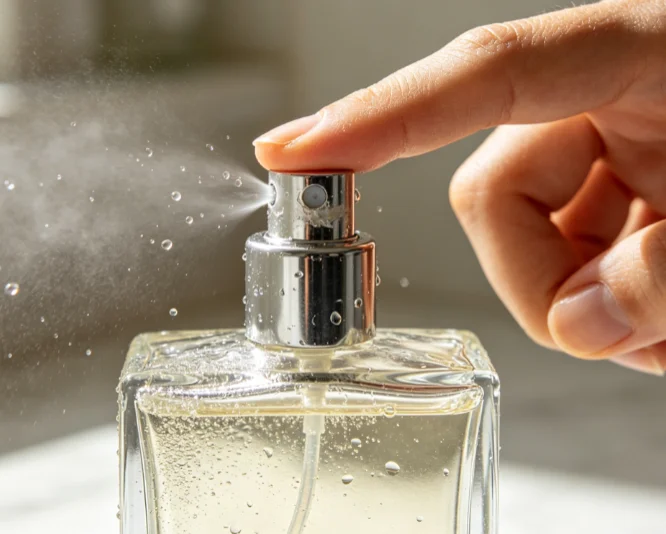 Close-up of hand pressing faulty perfume spray nozzle
