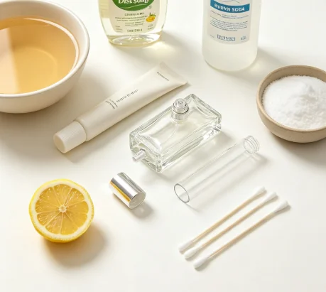 Disassembled perfume bottle & cleaning supplies