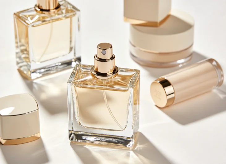 Luxury perfume bottles with caps and packaging components