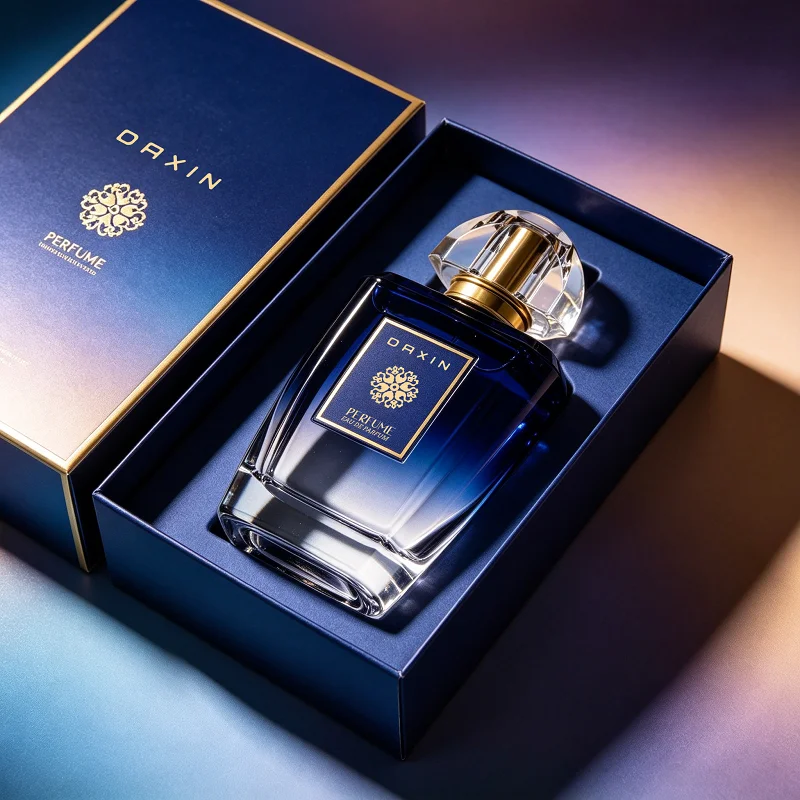 A luxury perfume bottle in a dark blue gift box with gold accents and elegant packaging