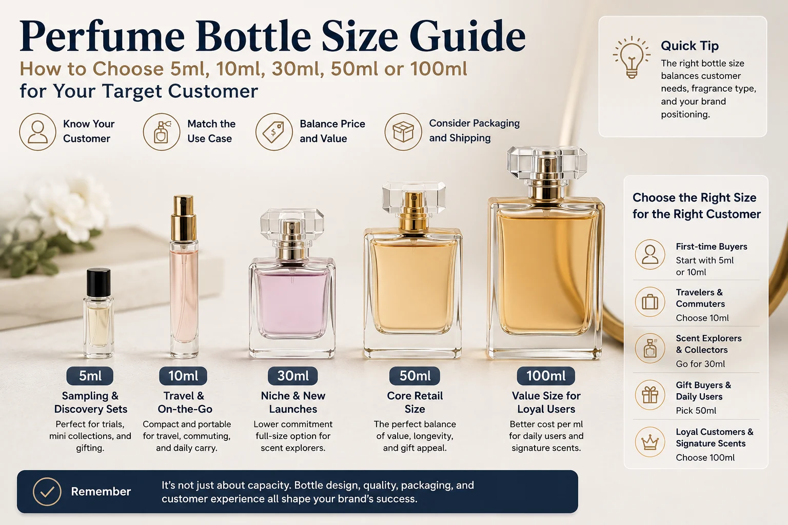 A perfume bottle size guide showing 5ml, 10ml, 30ml, 50ml, and 100ml options with customer recommendations and packaging tips