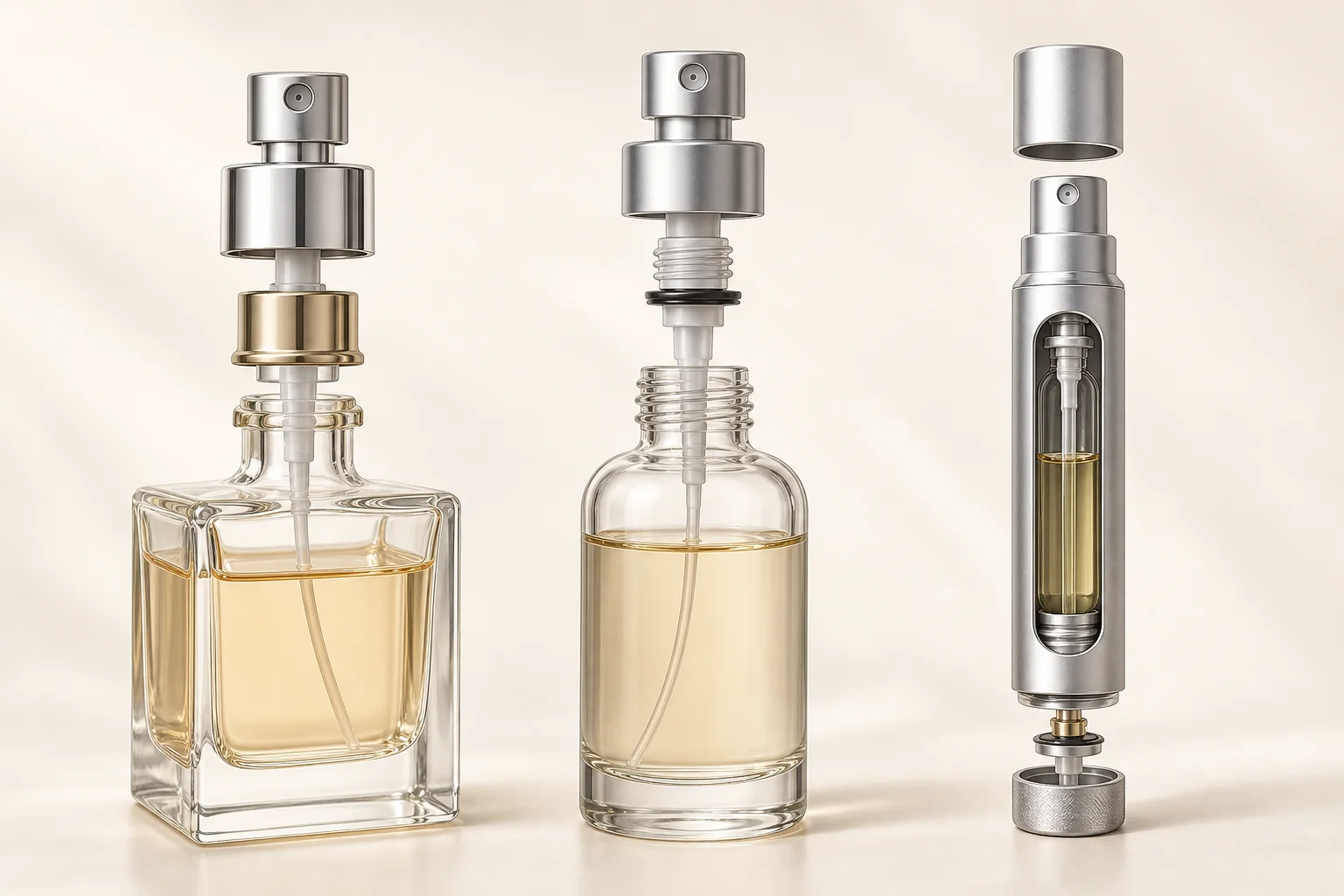 Crimp, screw-neck, and bottom-fill perfume sprayer comparison