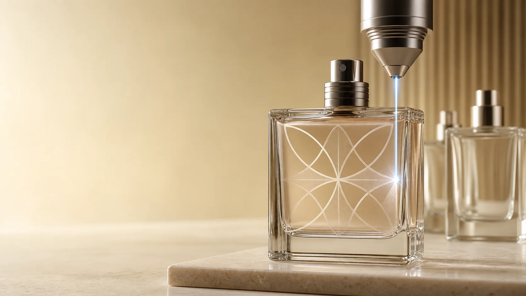 Laser engraving a square glass perfume bottle for custom packaging