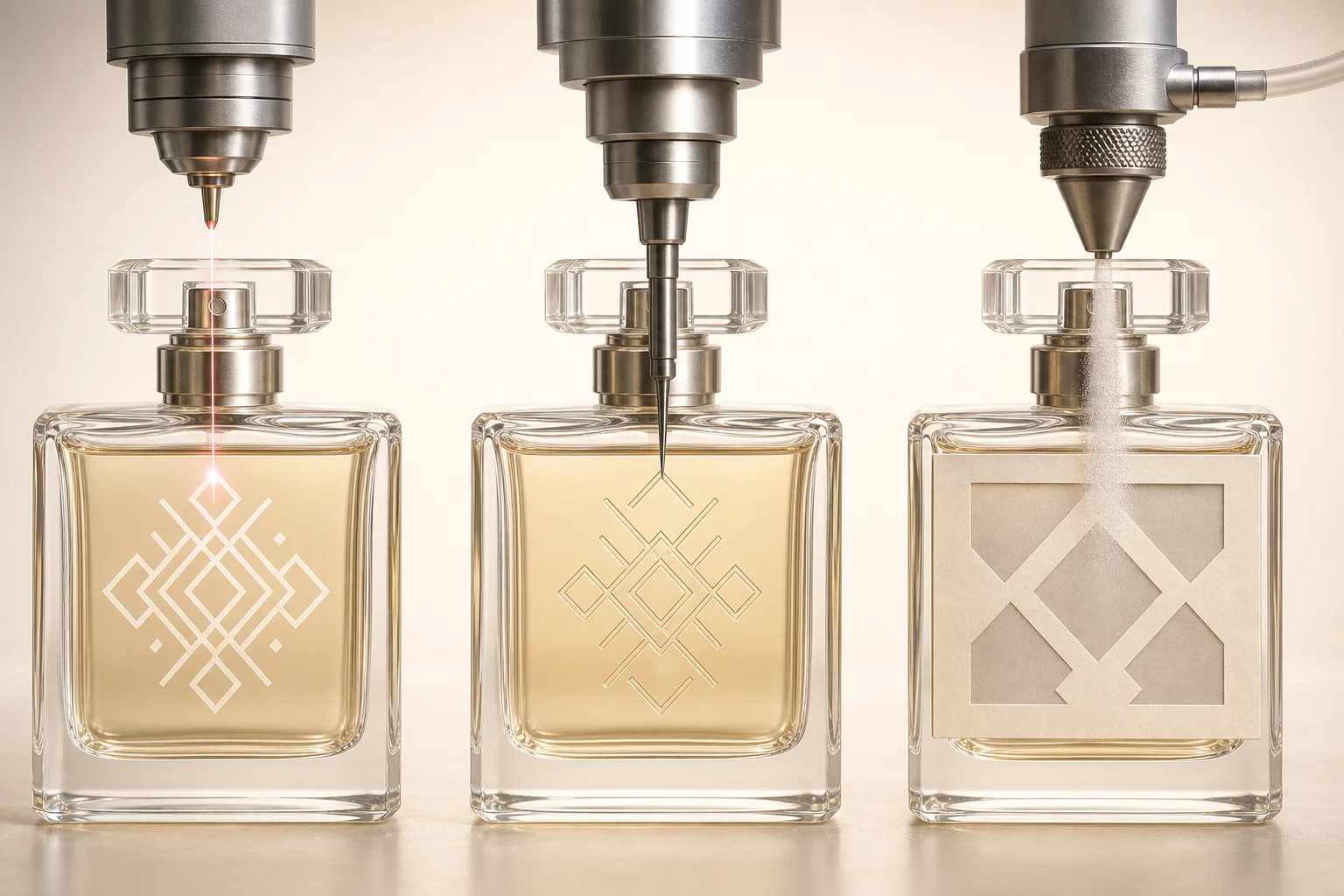 Laser, mechanical, and sandblast perfume bottle engraving methods