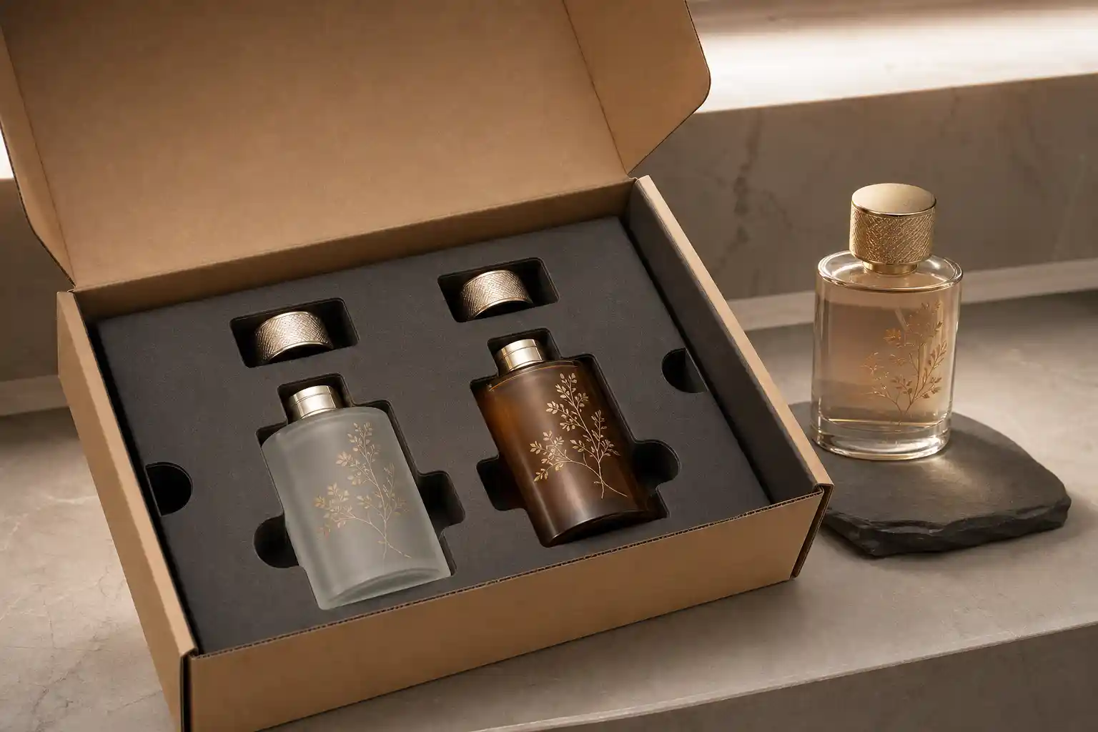 A fitted insert keeps decorated glass separated from other bottles, caps, and carton walls.