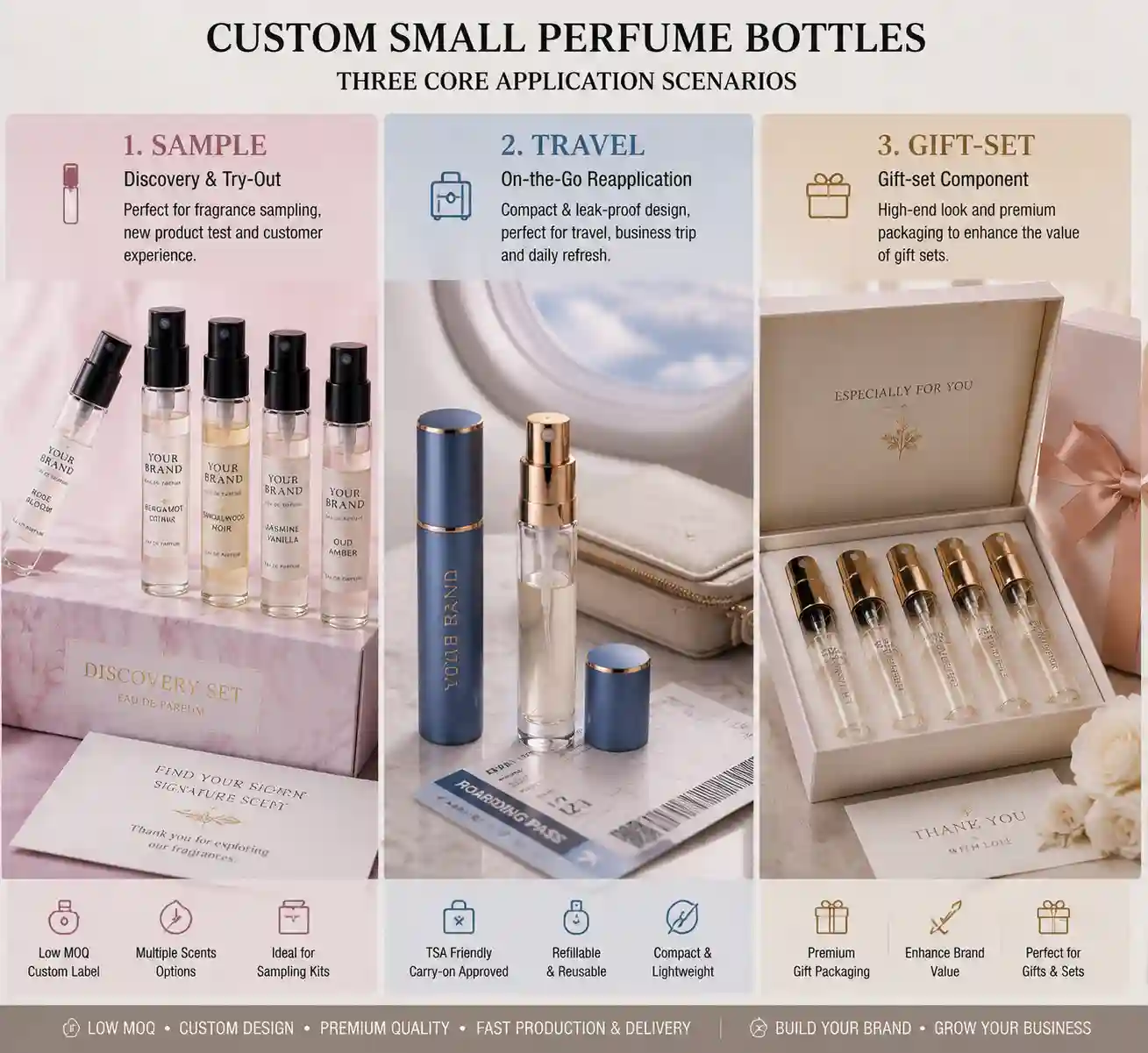 Custom small perfume bottles used for discovery samples, travel reapplication, and gift sets