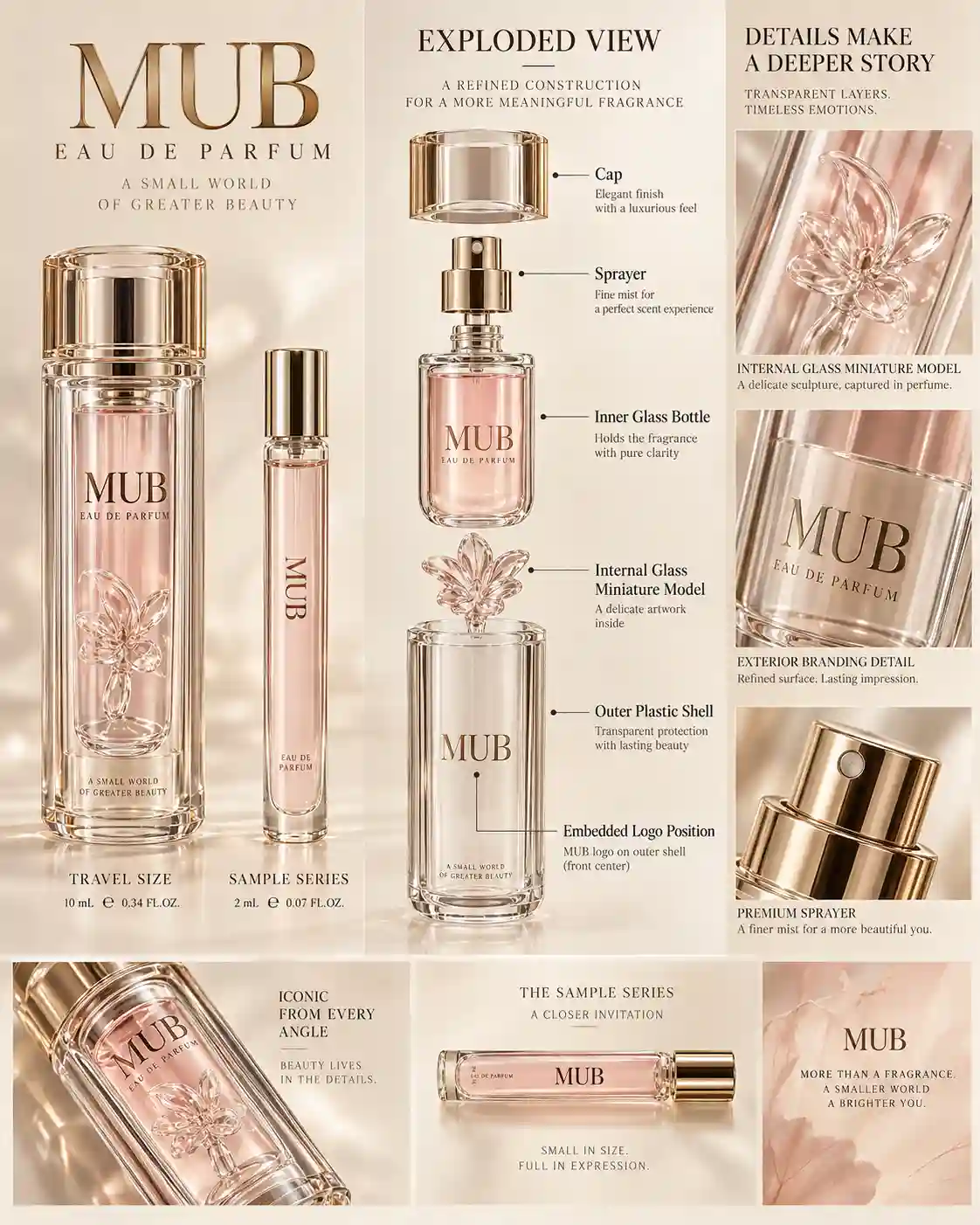 Outer plastic shell, inner glass bottle, and internal glass model assembly for perfume sampl
