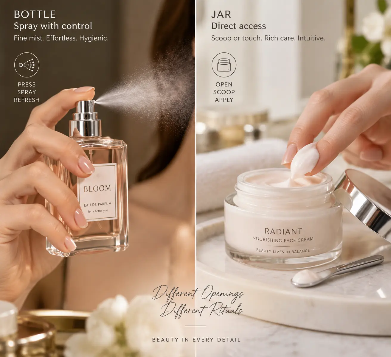 Perfume spray pump vs jar finger access