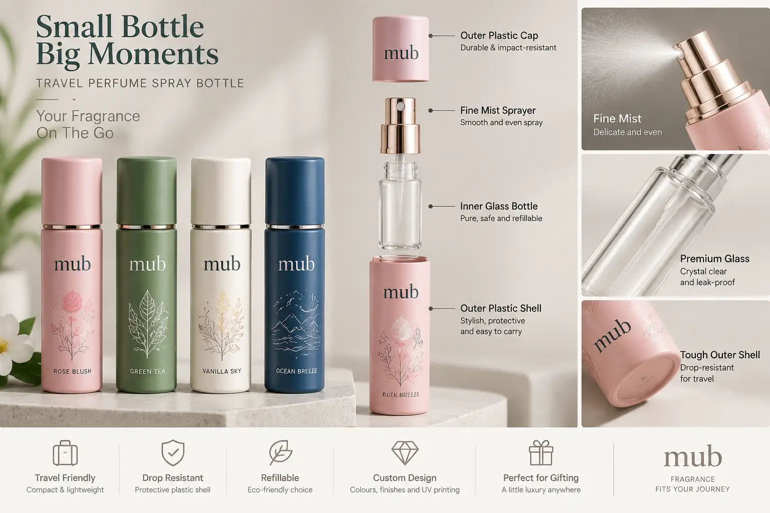 Plastic outer and glass inner travel perfume bottle packaging assembly