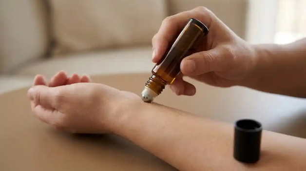 Amber glass roller bottle applying a diluted essential oil blend to the forearm.