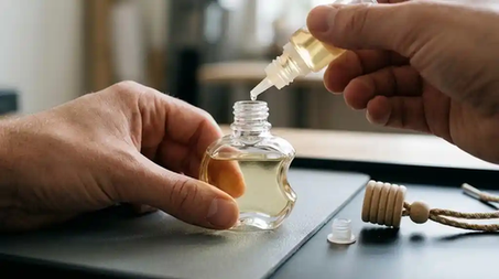 Checking vent-clip fit and dashboard clearance for a refillable car air freshener bottle